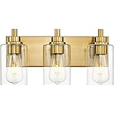 METWET 3-Light Bathroom Light Fixtures, Brushed Gold Vanity Light with Cylinder Clear Glass Shade, Modern Vanity Lighting Fix