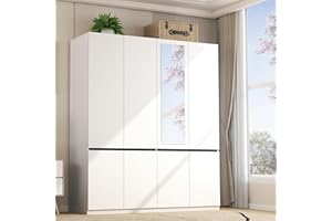 Wakefit Armoire Wardrobe Closet, 4 Doors Wooden Wardrobe Closet Cabinet with Mirro, Bedroom Armoires with Hanging Rod Shelf Freestanding Wardrobe Cabinet for Bedroom, Guest Room, White