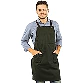 Under NY Sky Essential Army Green Apron – Cross-Back with Durable Twill and Leather Reinforcement – Adjustable for Men and Women – Pro Chef, Tattoo Artist, Baker, Barista, Bartender, Server Aprons