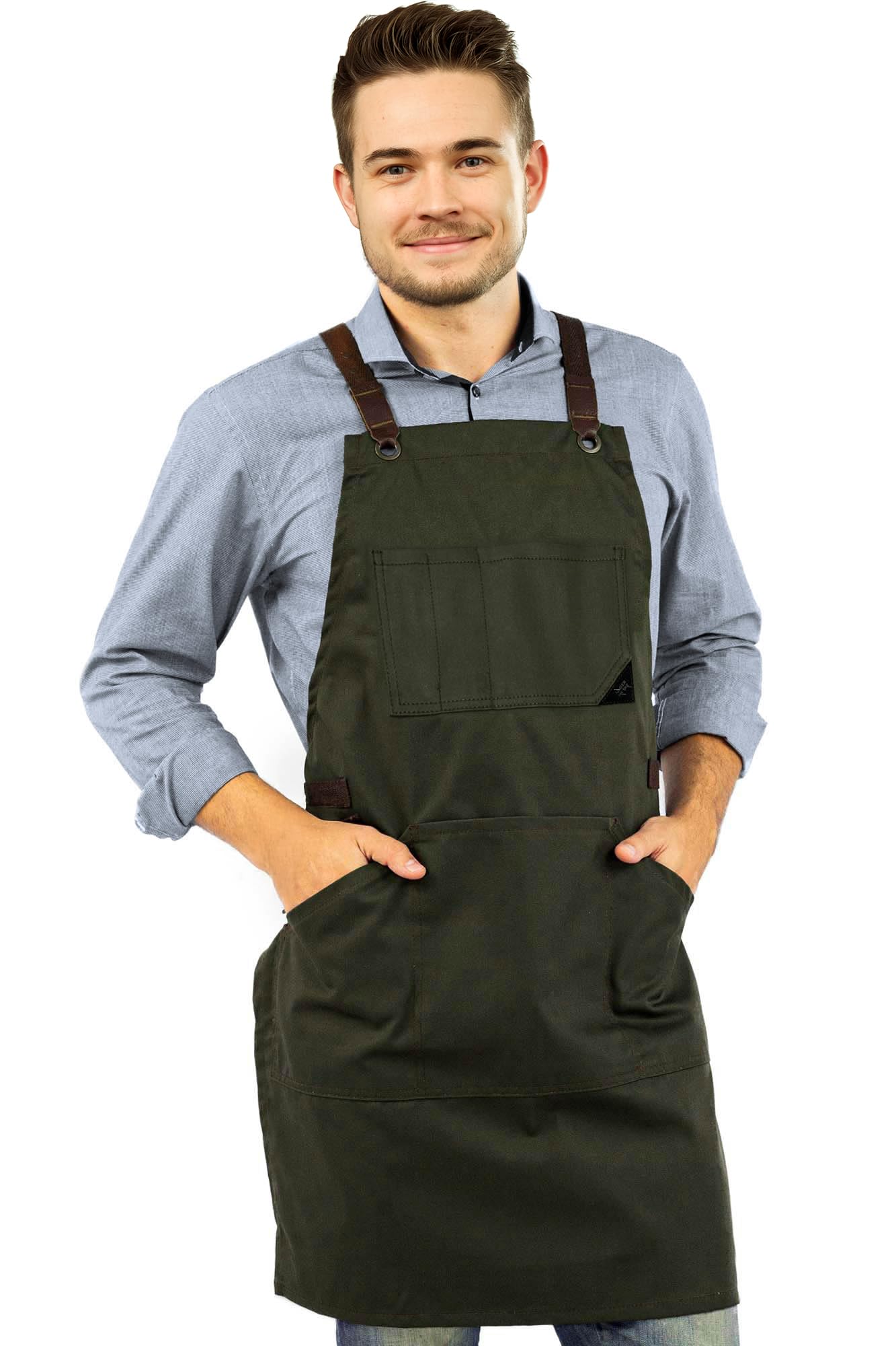 Under NY Sky Essential Army Green Apron – Cross-Back with Durable Twill and Leather Reinforcement – Adjustable for Men and Women – Pro Chef, Tattoo Artist, Baker, Barista, Bartender, Server Aprons
