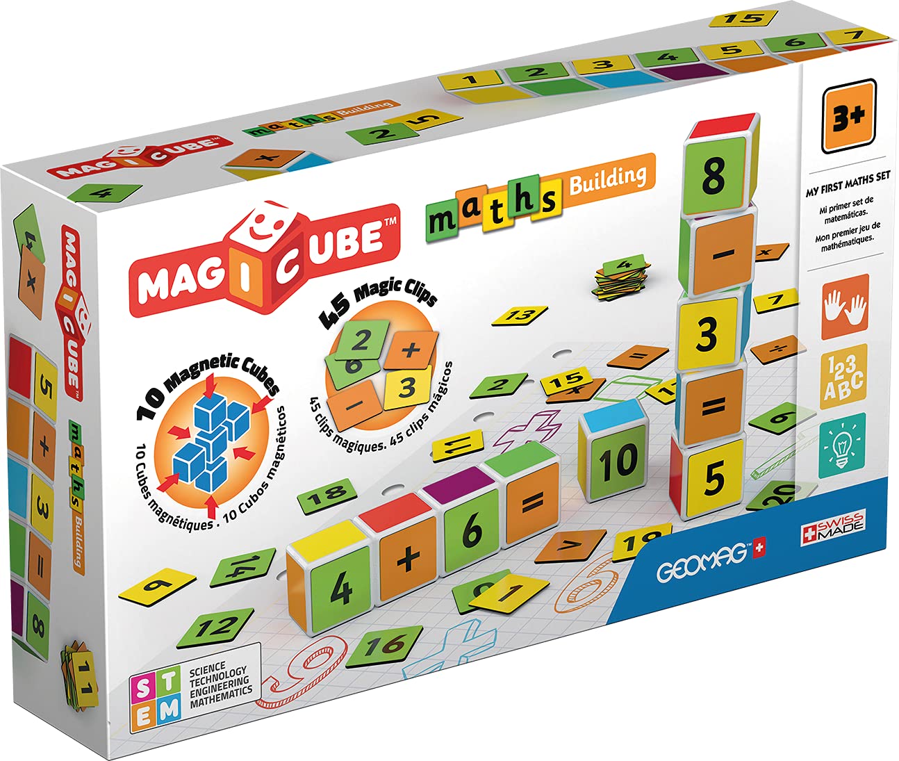 Geomag - Magicube Maths Building - 10 Cubes + 45 Clips - Magnetic Building Set with Magnetic Cubes