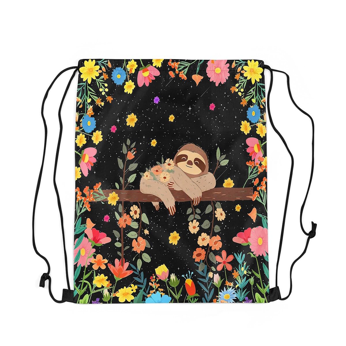 Loussiesd Cute Sloth Gym String Bag Kawaii Animal Drawstring Backpack 40x33cm Decor Cartoon Sports Drawstring Sackpack Flower Drawstring Bags Waterproof, Black
