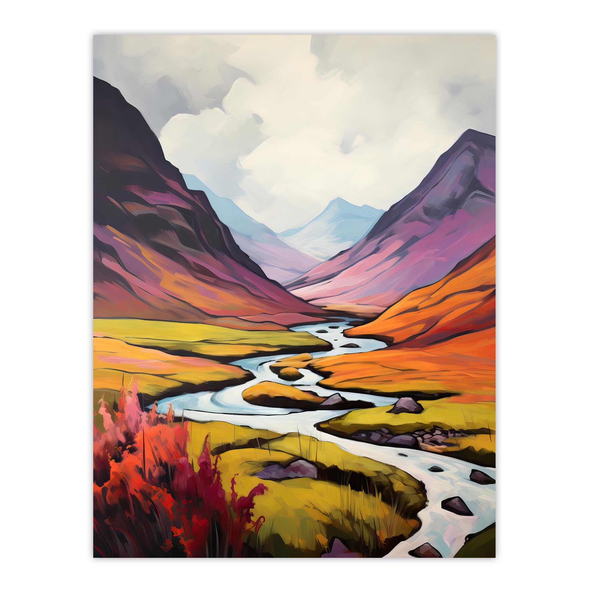 Artery8 Scotland Glencoe Valley Oil Painting Majestic Mountains And River With Heather Shrubs Extra Large XL Wall Art Poster Print