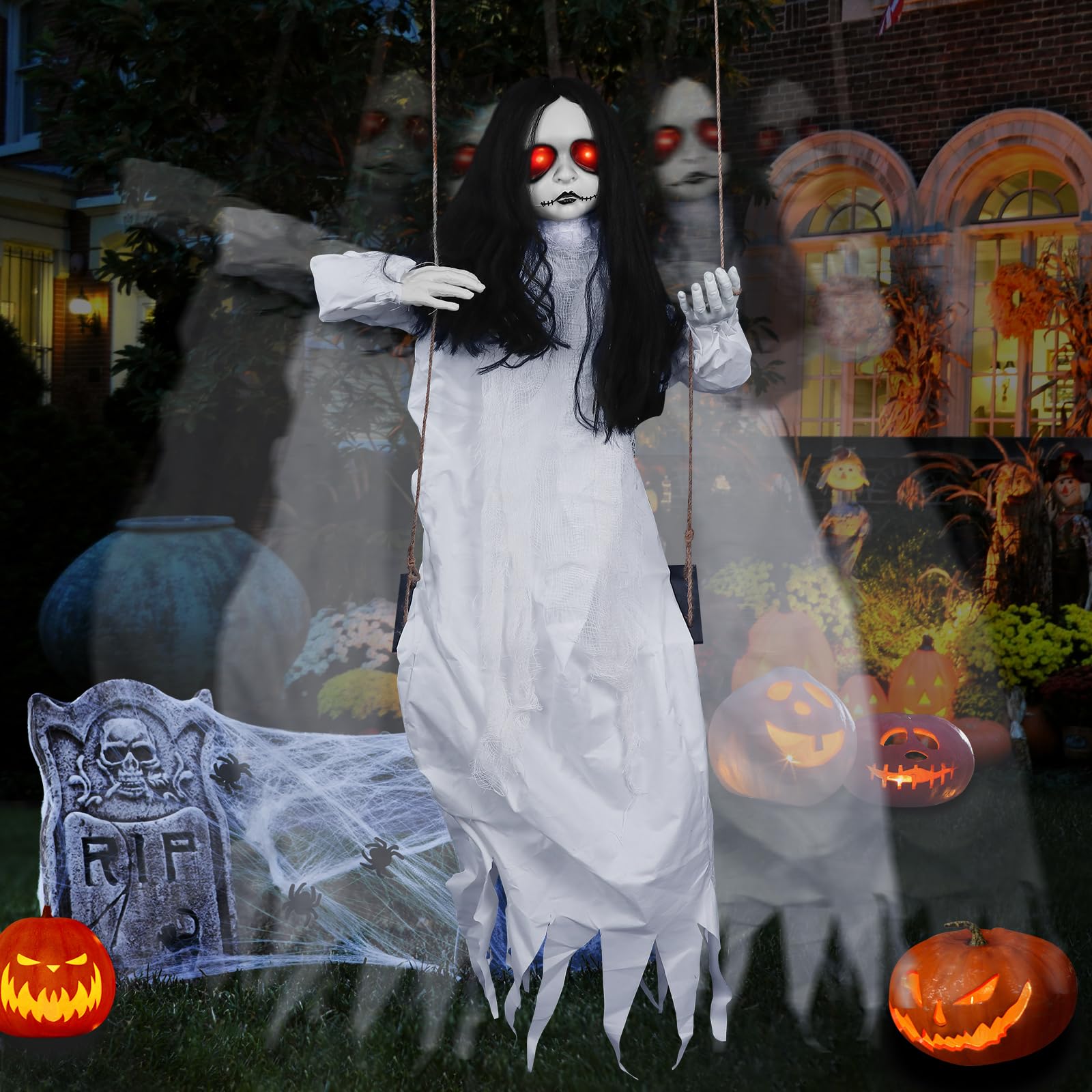 Photo 1 of 3.9 Ft Halloween Decorations Animatronics Hanging Swinging Girl with Creepy Sound/Light Up Eyes/Scary Expression, Creepy Doll Hanging Ghosts Haunted House Holiday Decor Prop for Indoor Outdoor
