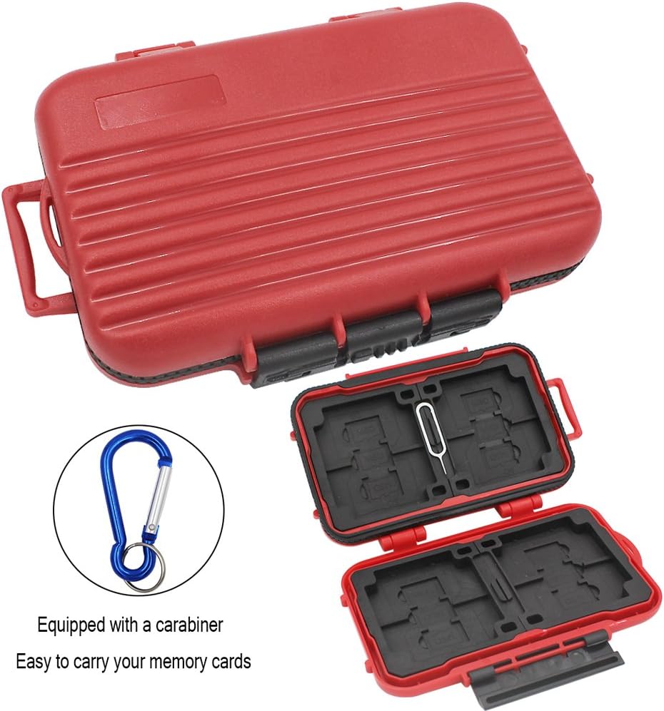 Memory Card Carrying Cases 24 Slots SD SDHC SDXC and Micro SD TF Cards Anti-shock Water-Resistant Holder Storage (Red).