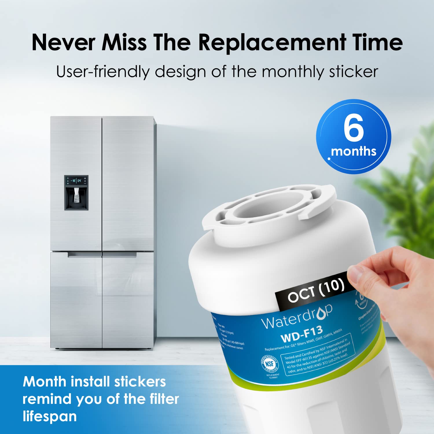 Waterdrop WD-F13 Replacement for GE® MWF®, SmartWater® MWFP, MWFINT, MWFA, GWF, HDX FMG-1, Kenmore® 9991, GSE25GSHECSS, WFC1201 Water Filter, 3 Pack