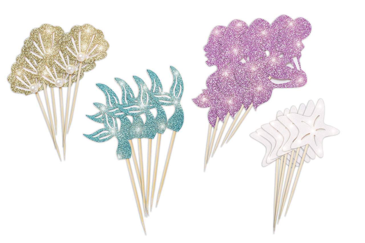 24 pcs Mermaid Party Decoration Supplies-Adorable Glitter Mermaid Theme Cupcake Topper,Perfect for Birthday Party,Baby Shower,Mermaid Theme Party(Mermaid Tail,Starfish,Mermaid,Shell) - Image 3