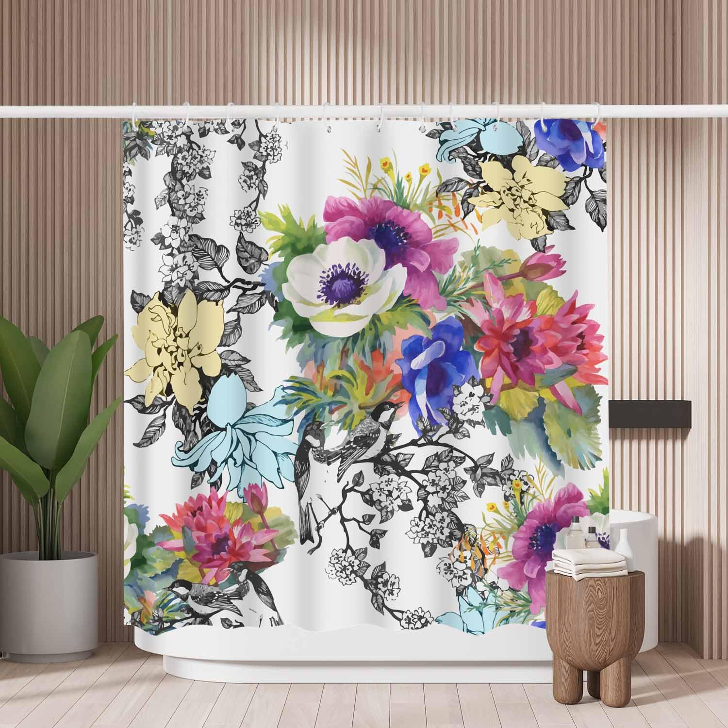 Woutay Shower Curtain Water Repellant Fabric Colorful Garden Flowers,Mould Proof Resistant,Polyester,Size 180x180CM