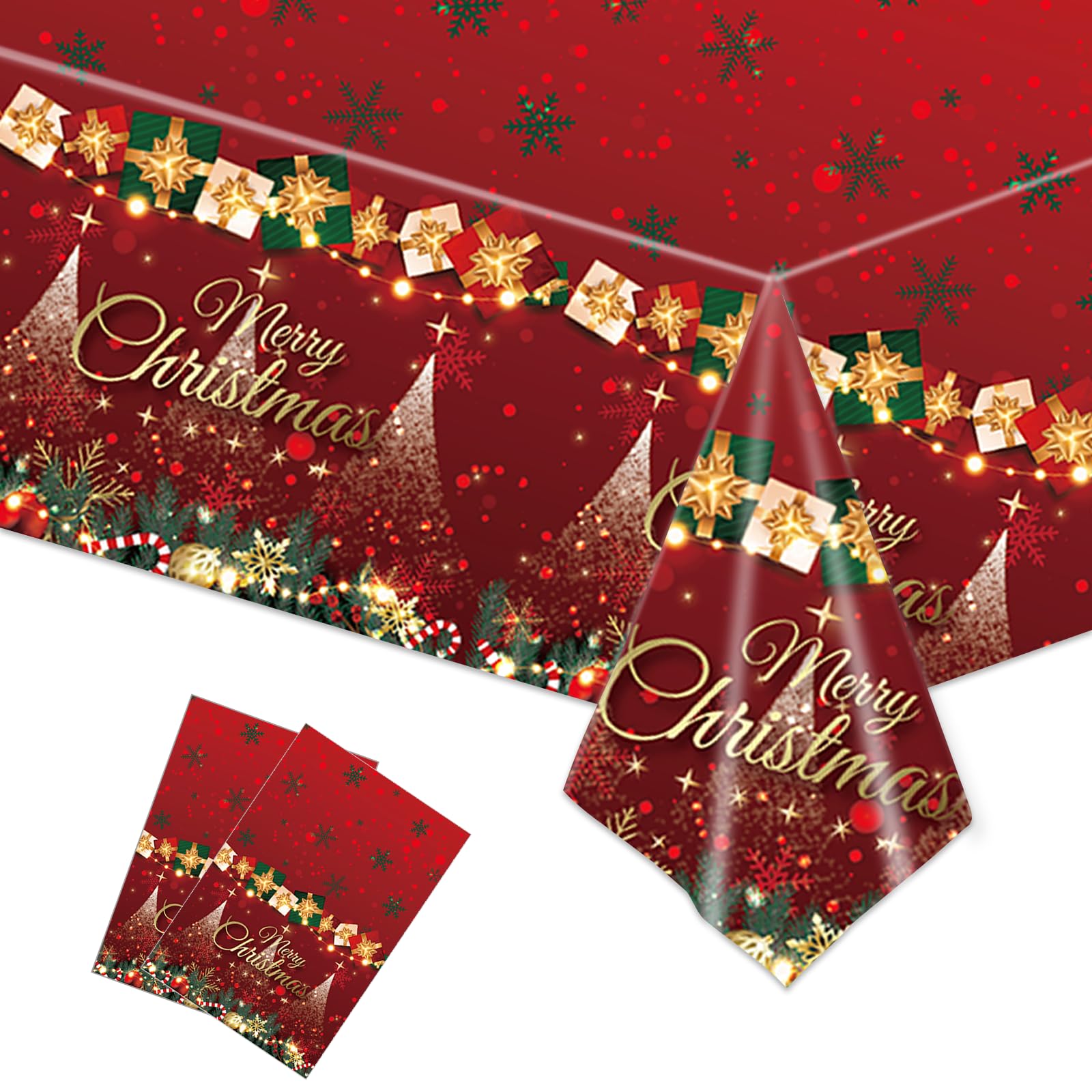 POPOYU 2 Pcs Christmas Plastic Tablecloth 54” x 108” Christmas Red and Gold Tablecloth Xmas Gift Rectangle Waterproof Table Cover for Winter Holiday Family Dinner Christmas Party Decorations — image 1