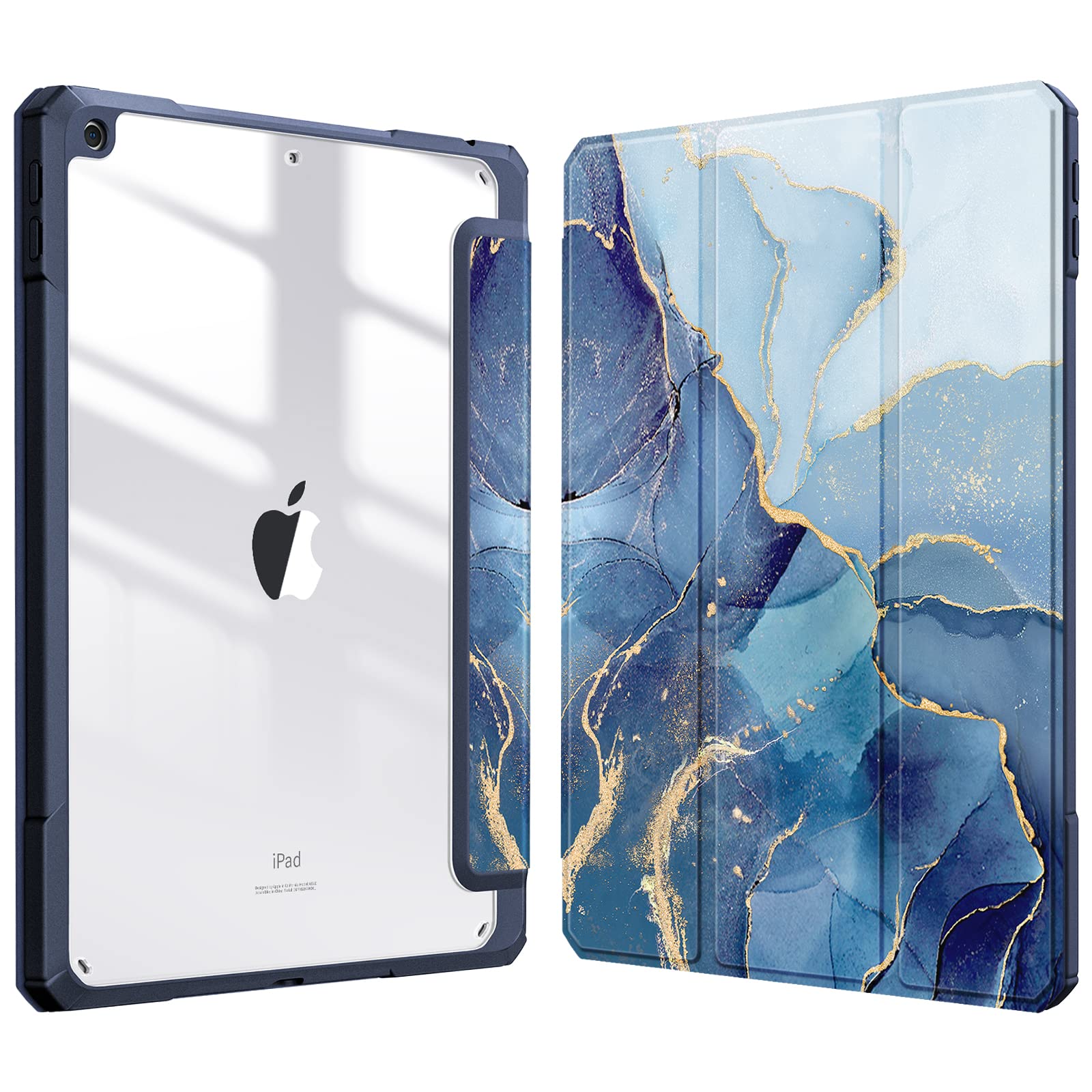 FINTIE Hybrid Case Compatible with iPad 9th / 8th / 7th Generation (2021/2020/2019) 10.2 inch - Shockproof Cover with Clear Back Shell w/Pencil Holder, Auto Wake/Sleep, Ocean Marble