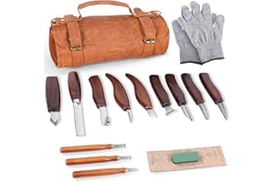 CHAOKANT Wood Carving Kit, 16Pcs Wood Carving Tools with PU Leather Storage Bag and Anti-Slip Cut-Resistant Gloves, Deluxe Wood Whittling kit for Woodworking and Crafting