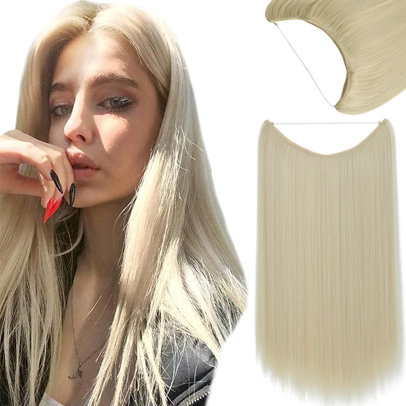 Invisible Secret Hidden Wire in Hair Extensions 20 Inches Long Straight Synthetic No Clip in Hairpieces Miracle Translucent Fish Line Bleach Blonde
