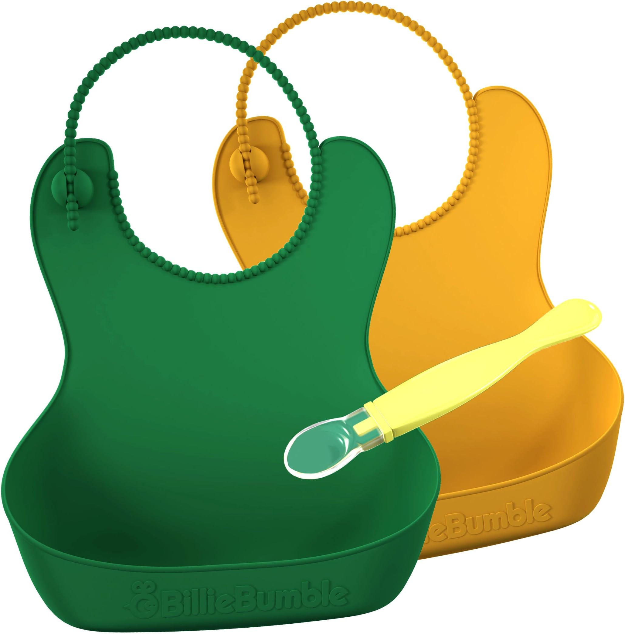 Waterproof Silicone Baby Bibs, Easy Clean, Less Mess! Soft on Skin! Allergy Friendly! Adjustable Straps! Deep Tray! 2 Color Pack (Green/Yellow) with Bonus Spoon.