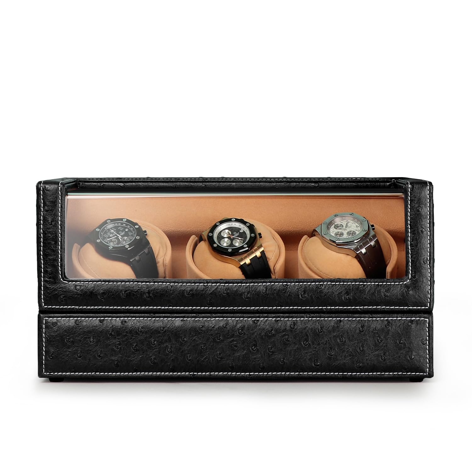 DRIKLUX Automatic Watch Winder for Rolex and Other Luxury Watches - Automatic Winder with Quiet Motor, Premium Black Ostrich Leather Exterior and Soft Flexible Watch Pillows of Camel Velvet