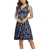 MISS MOLY Women's Floral Lace Overlay Fit and Flare Dress Sexy V-Neck Knee Length Elegant Party Wedding Dress