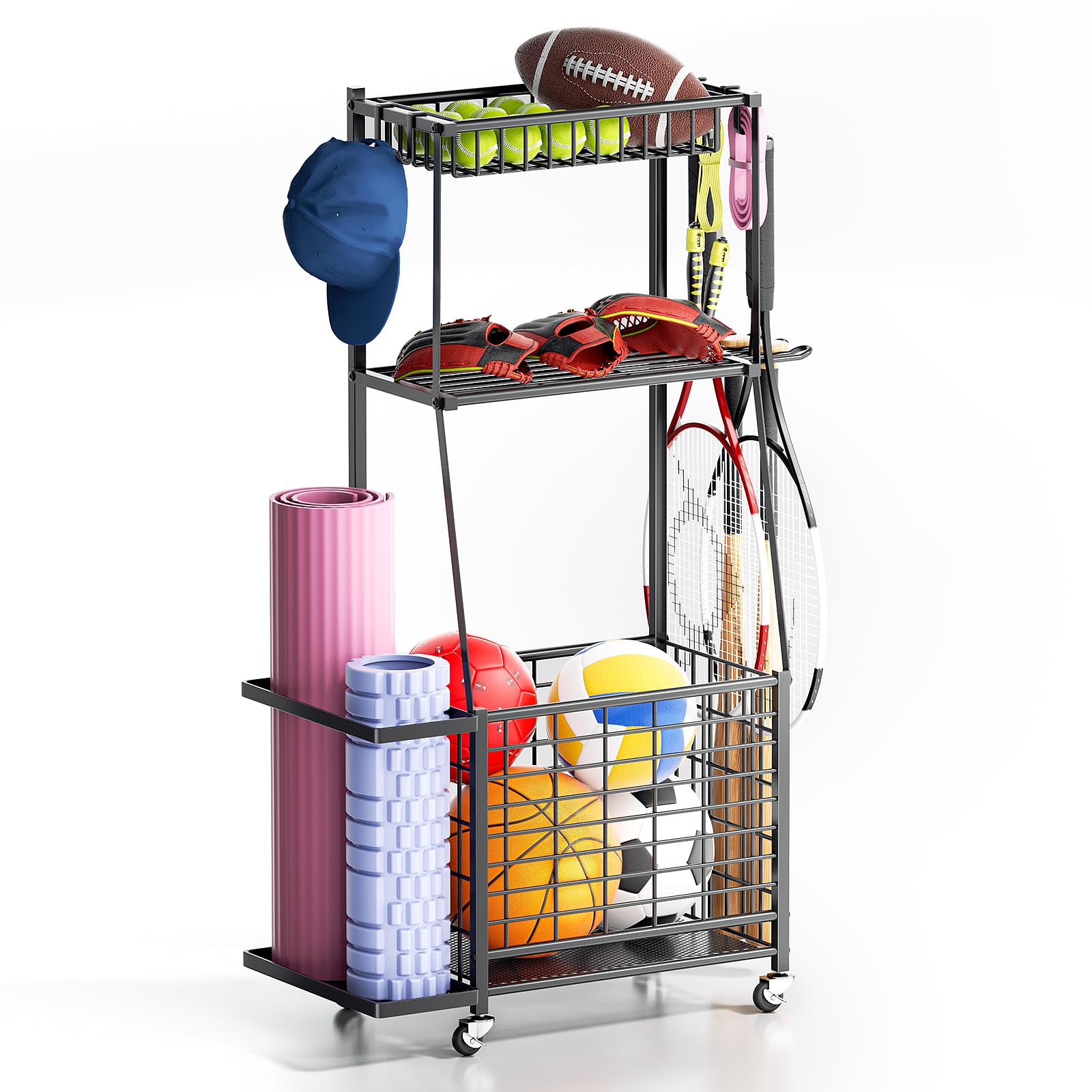 Photo 1 of (PARTIAL SET) (USED/FAIR) ZHOOGE Sports Equipment Organizer Garage Storage Organization, Garage Organizer Ball Storage Rack Rolling Cart with Basket and Hooks for Toy/Sports Gear Storage Indoor/Outdoor Use, Black