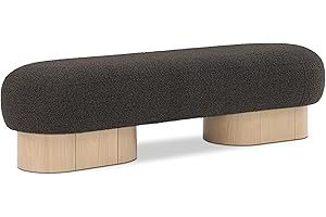 Meridian Furniture 22001Brown Robertson Collection Art Deco Bench with Luxurious Brown Boucle Fabric and Rich Natural Oak Finish, 60.5" W x 18" D x 16" H, Brown