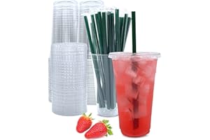 Aatriet 24 oz Clear Plastic Cups with Lids and Straws, Disposable Coffee Cups 25 Sets