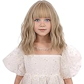 DUDUWIG Girls Ash Blonde Wig Kids Short Blond Wavy Curly Wig Blonde Wig with Air Bangs for Children Heat Resistant Synthetic Wig with Wig Cap