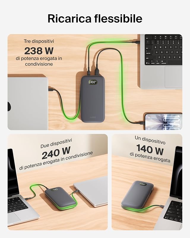 UltraCharge Pro Power Bank 27000mAh, Caricatore Portatile con Cavo USB C Integrato, USB PD 240W, Power Bank Portatile con Carica Rapida per MacBook Pro, iPhone, iPad Pro, Galaxy, Pixel, Carbone