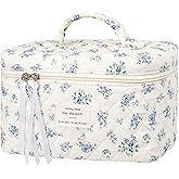 senbowe Large Quilted Makeup Bag, Cotton Floral Cosmetic Bag for Women, Cute Coquette Aesthetic Makeup Bag Toiletry Bag, Travel Make Up Organizer Bag with Zipper and Ribbon (Blue-Green Flower)