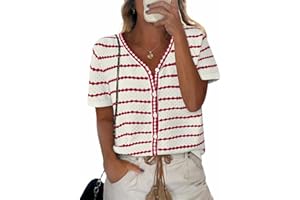 NALANISA Women's Short Sleeve Sweater Spring Summer Crochet Knit Tops 2025 V Neck Striped Button Down Dressy Casual Blouses