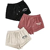 WDIRARA Women's 3 Pack Fuzzy Pajama Shorts Letter Embroidery Drawstring Waist Lounge Sleep Shorts