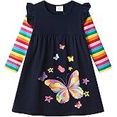 DXTON Toddler Girls Long Sleeve Dress Stripe Rainbow Ruffle Cotton Casual Tunic Shirt Fall Winter School Dress