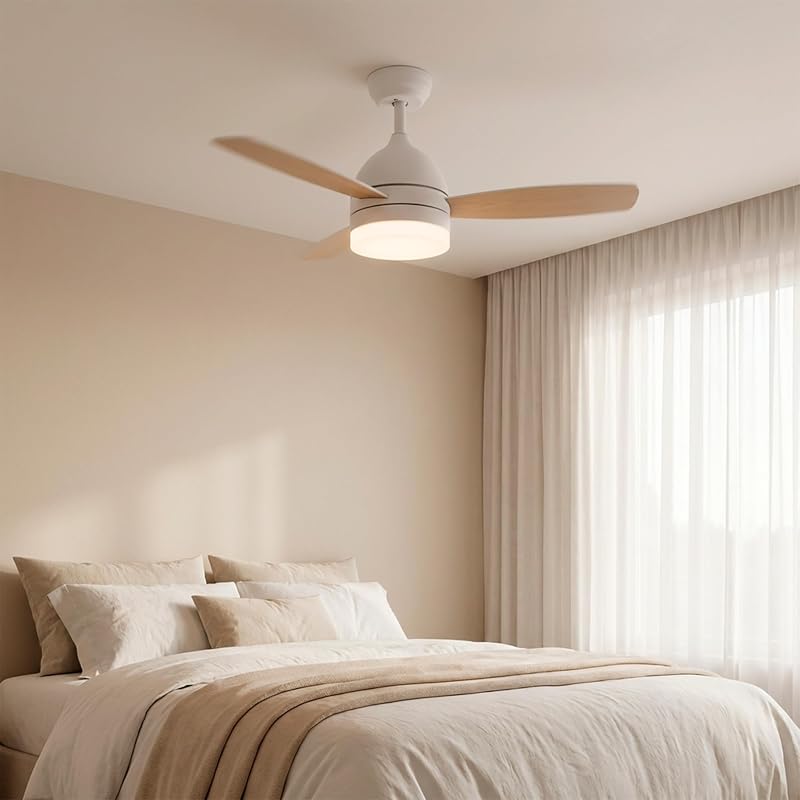 – Deckenventilator mit verstellbarem LED-Licht | Weißer Fächer aus Naturholzimitat | Fernbedienung | 3 Geschwindigkeiten | 70W| Timer| Durchmesser 106cm| Sommer- und Winterfunktion