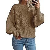 Saodimallsu Womens Cable Knit Sweaters Chunky Crew Neck Long Lantern Sleeve Casual Loose Fit Fall Trendy Pullover Tops