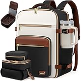 LOVEVOOK Travel Backpack For Women,50L Carry On Backpack Flight Approved,TSA Personal Item Travel Bag Fits 18 Inch Laptop,Business Weekender Overnight Daypack with Toiletry Bag and Cube,White brown