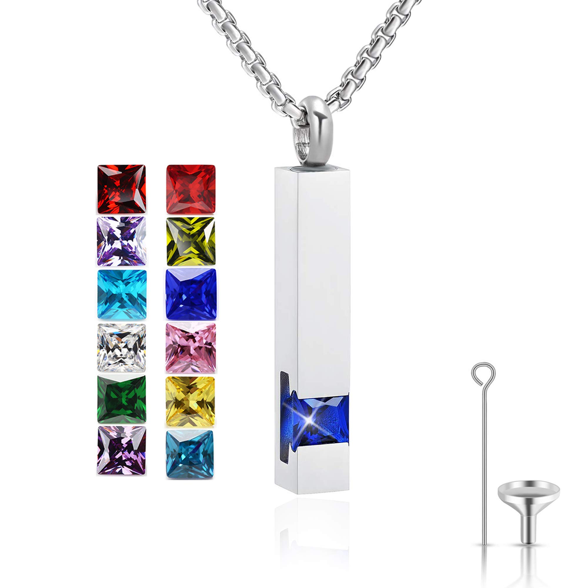 Urn Necklace for Ashes Birthstone Cuboid Cremation Jewelry Keepsake Holder Memorial Locket Necklace Pendant