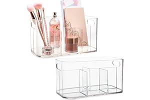 STORi Bliss 5-Compartment Plastic Cosmetics Storage Organizer, Set of 2 | Clear | Rectangular Divided Makeup Bin & Vanity Caddy with Pass-Through Handles | Round Corner Design | Made in USA