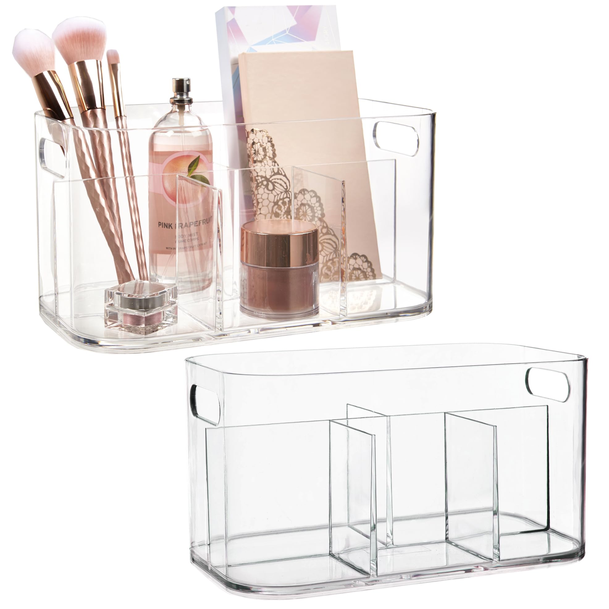 Photo 1 of STORi Bliss 5-Compartment Plastic Cosmetics Storage Organizer, Set of 2 | Clear | Rectangular Divided Makeup Bin & Vanity Caddy with Pass-Through Handles | Round Corner Design | Made in USA