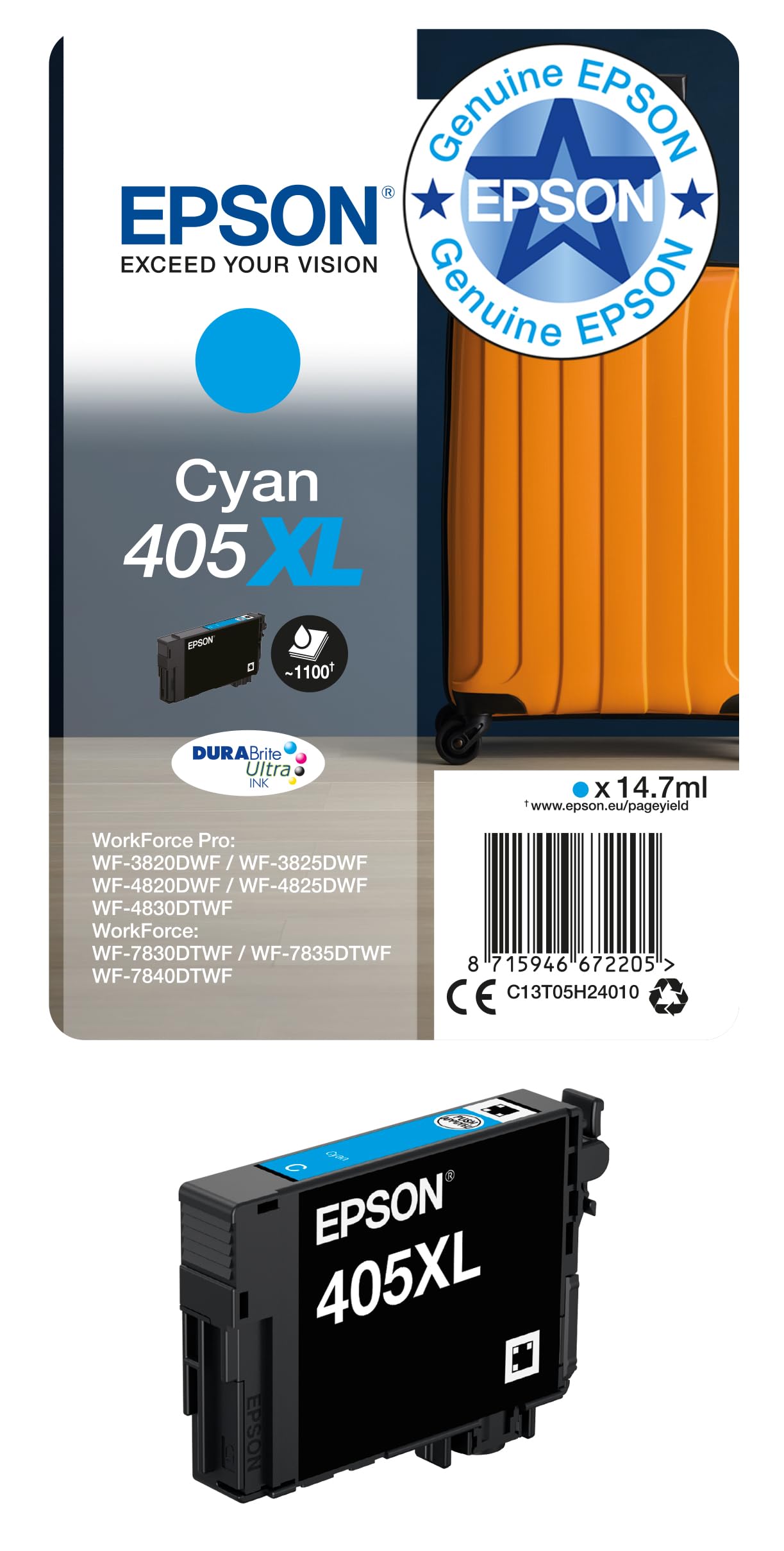 Epson 405XL Cyan Suitcase High Yield Genuine, DURABrite Ultra Ink