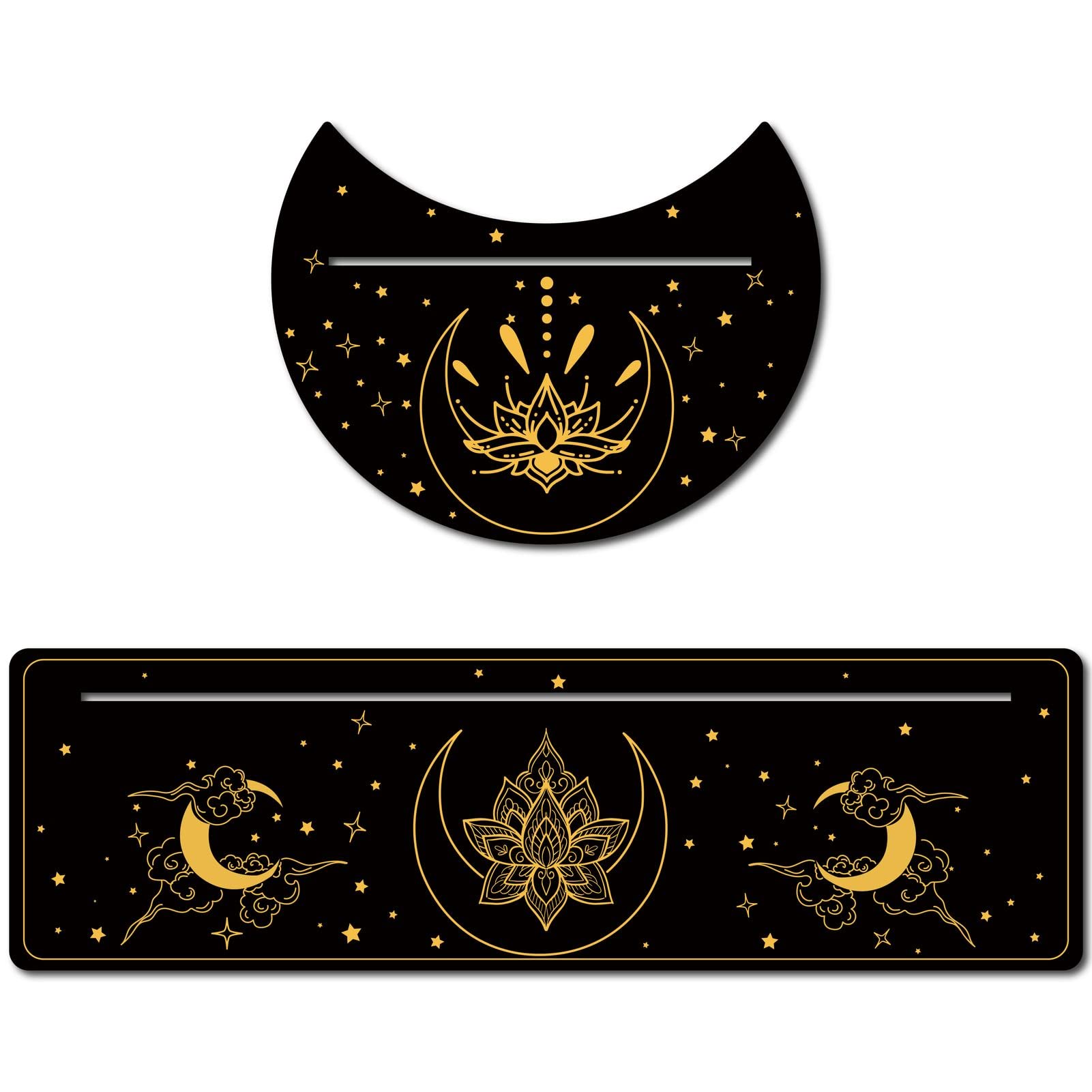 GORGECRAFT 2 Pieces Wooden Tarot Card Stand Black Tarot Card Holder 5" Moon Shape and 10" Rectangle Wood Tarot Cards Altar Stand Display Holder Witch Divination Ceremonial Tools, Moon and Lotus