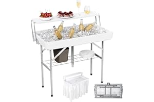 Allpop 2 Tiers Folding Ice Cooler Table with Matching Skirt, Portable Party Table with Grid Rack & Drain Hose for Patio Picnic Camping Wedding, White