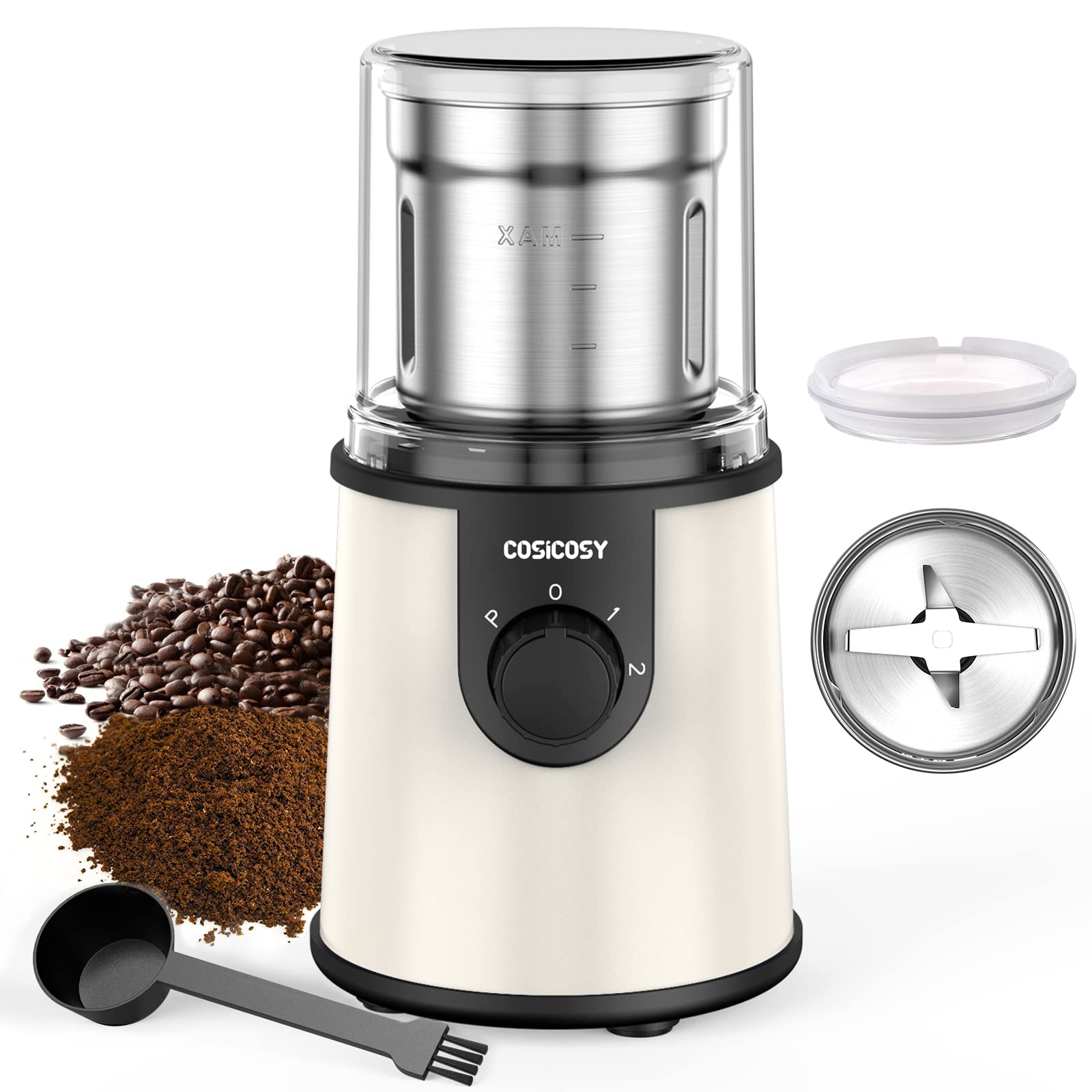 COSICOSY Electric Spice Grinder with 304 Stainless Steel Blades, Removable Bowls, 350W Motor Coffee Bean Machine with Spoon Brush for Beans, Nuts, Pepper, Beige