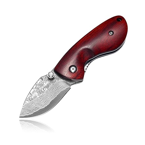 Kubey Mini Messer Handgearbeitet Damast Taschenmesser Klappmesser Damaststahl Messer Outdoor Damastmesser Folder Knife 4,3 cm