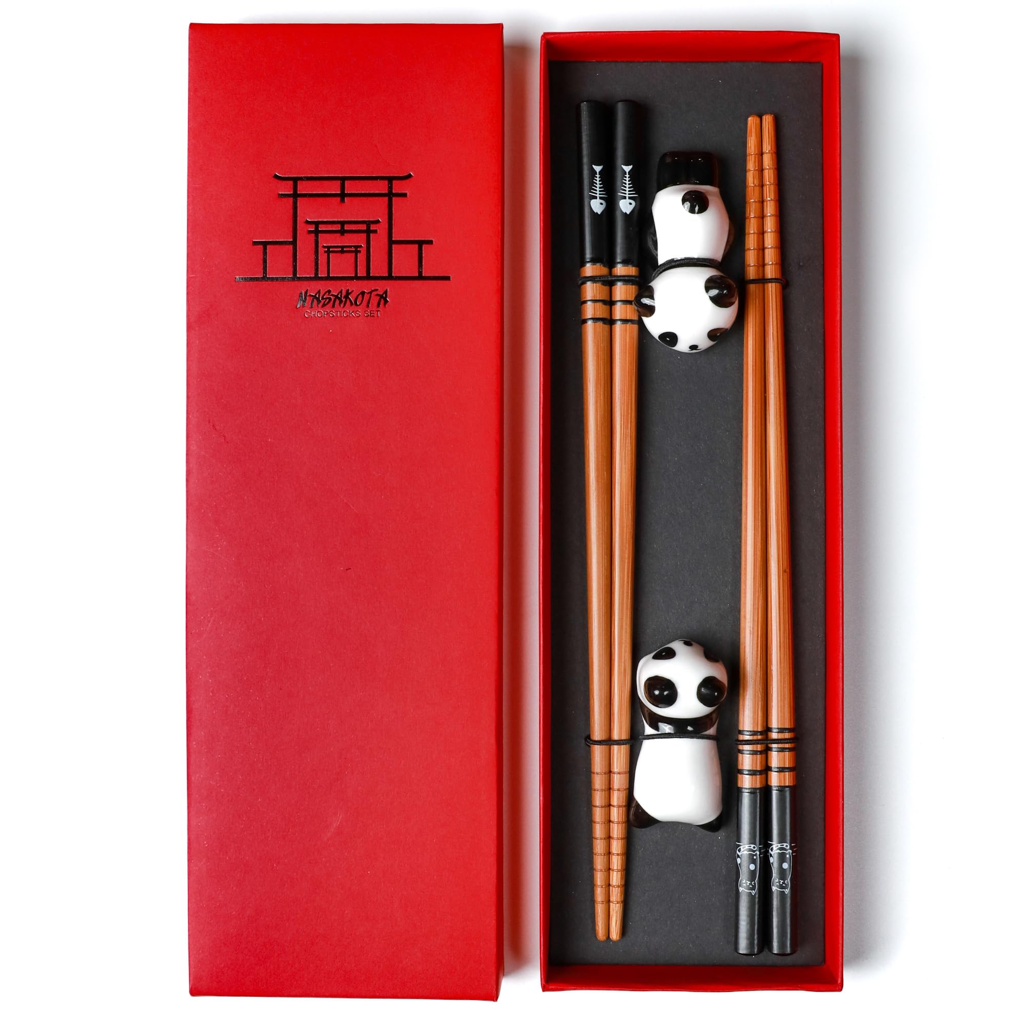 Nasakota Wooden Chopsticks Set 2 Pairs Reusable Chopsticks with Ceramic Panda Rest, Japanese Chinese Chop Sticks for Sushi, Ramen, Noodles, Rice