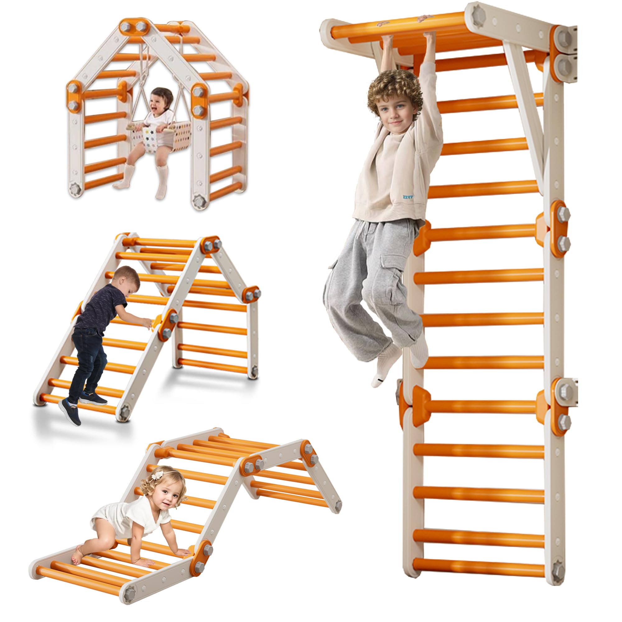 Toddler Climbing Toys,Kids Pikler Triangle Set,Montessori Indoor Play Gym,Multifunction Foldable Indoor Climbing Gym for Kids(Orange)