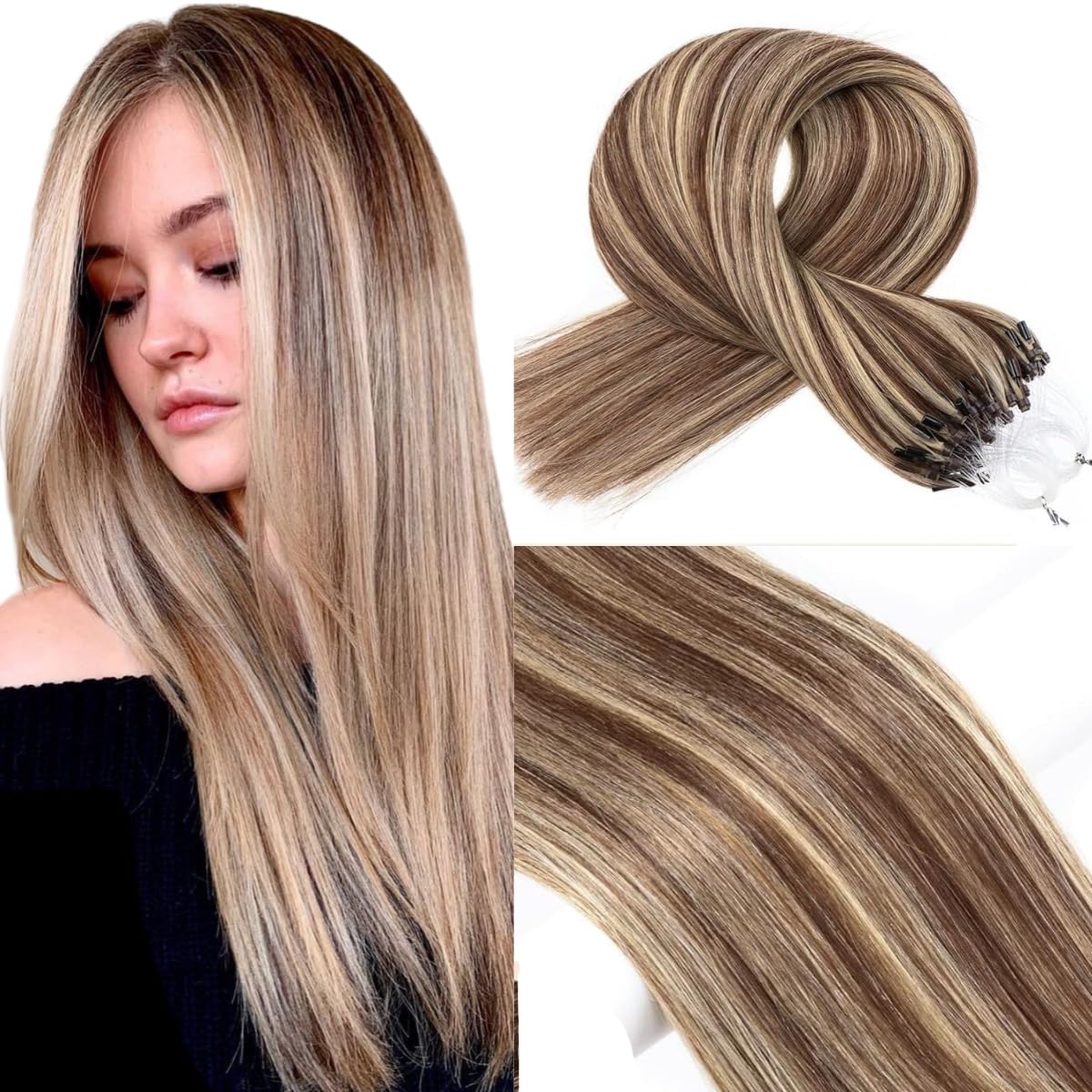 Micro Loop Hair Extensions Real Human Hair 1g/Strand 50s/Pack Straight Hair Pre-Blonded Micro Beads Hair Extensions Micro Rings(16 inch, P#4/613)