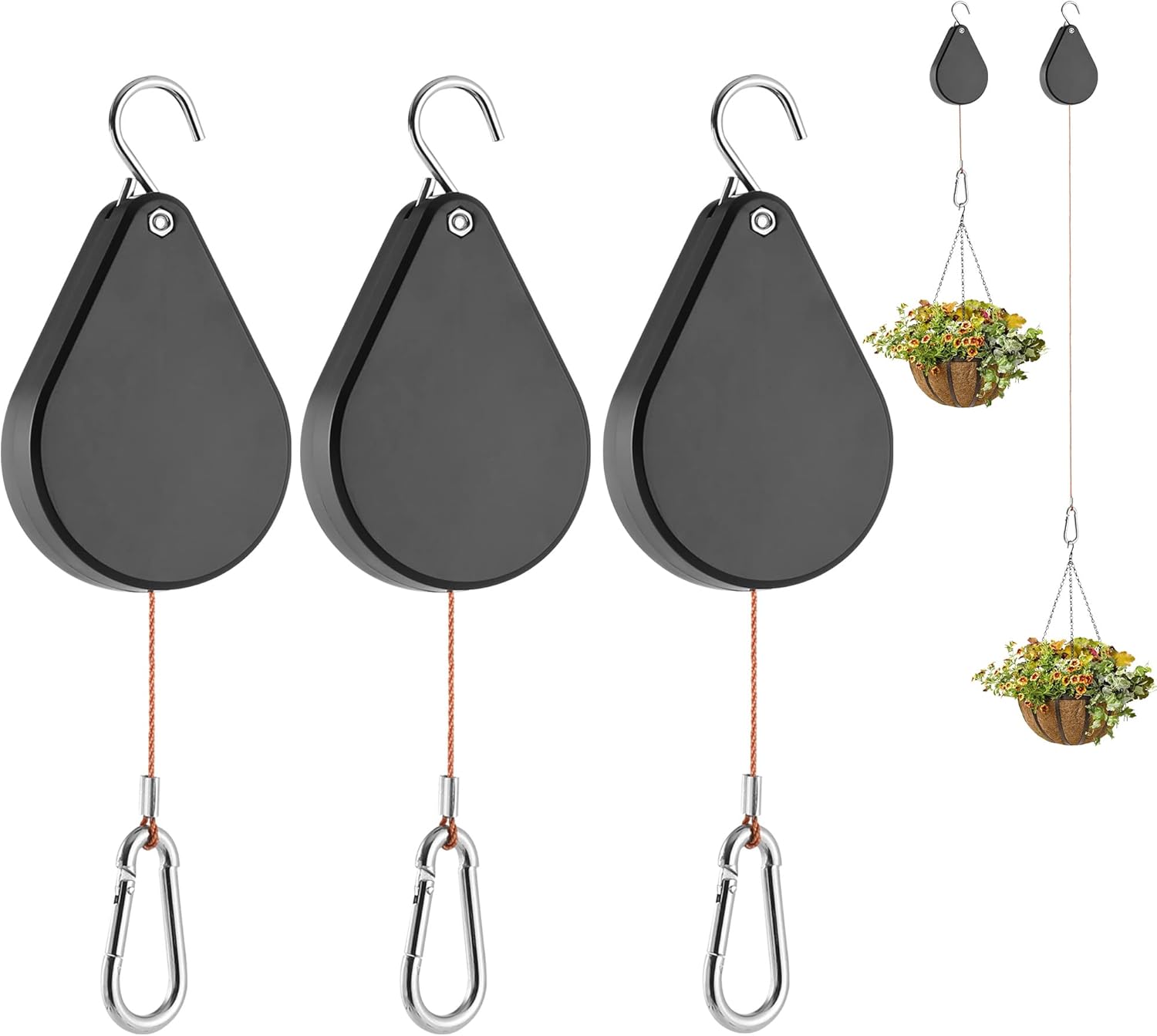 Outdoor Hanging Brackets - WROSWT Upgraded Retractable Plant Hanger,Plant Pulleys for Hanging Plants,Easy to Raise and Lower,Auto Lock,Heavy Duty, Adjustable Hook for Garden Baskets Pots,Birds Feeder, 3 Pack