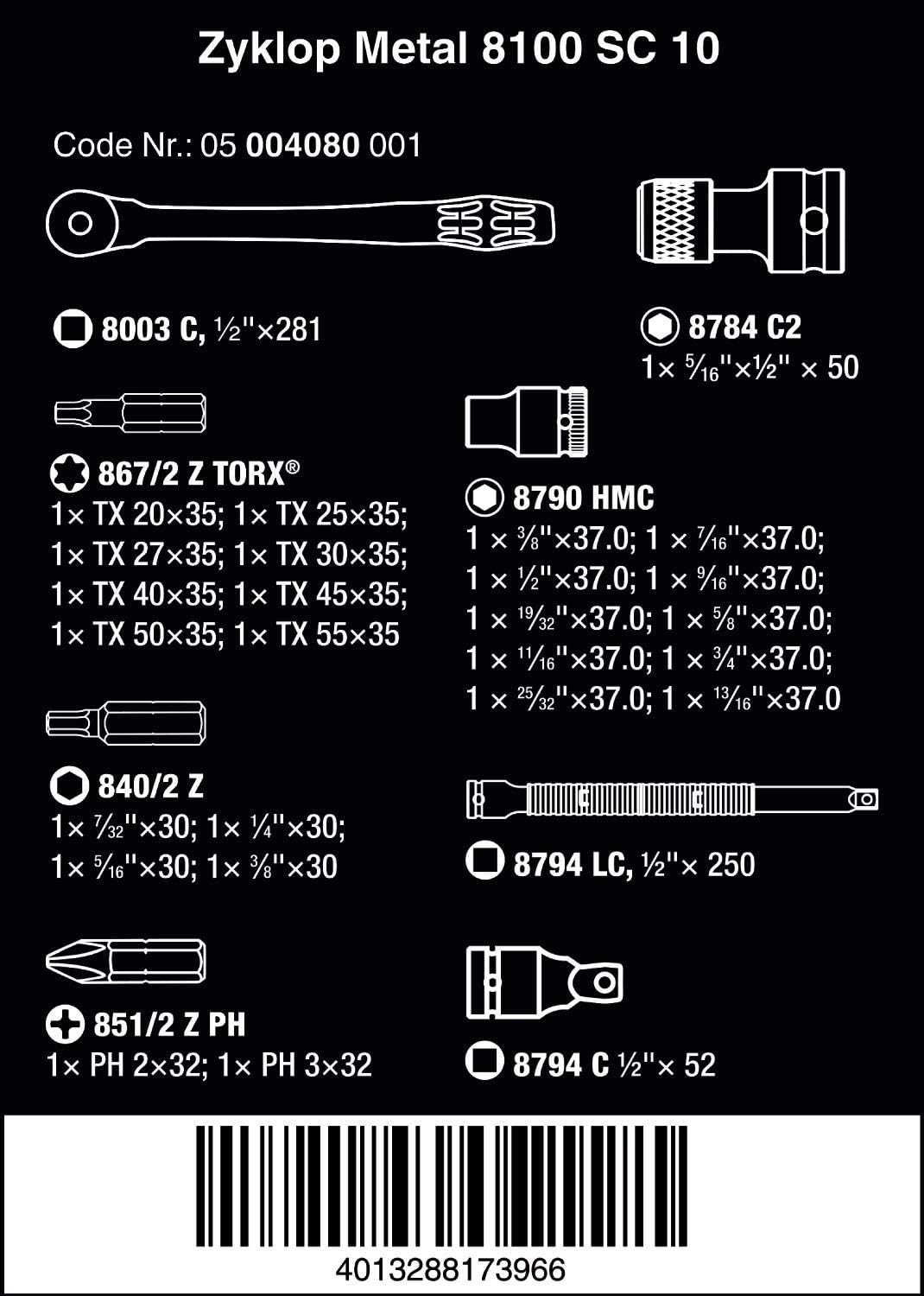 Wera 05004080001 8100 SC 10 Zyklop Metal Ratchet Set including Push-Through Square, 1/2" Drive, Imperial, 28 Pieces - Image 3