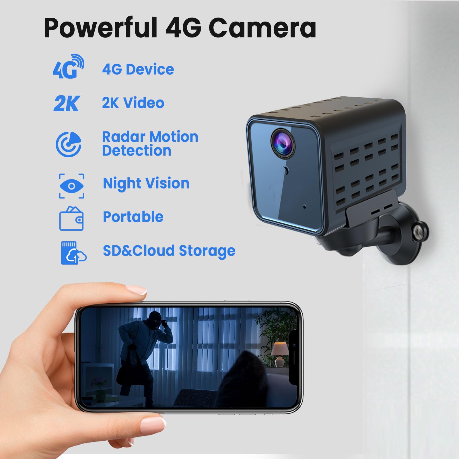 javiscam 4G No WiFi Security Camera, Cellular Security Camera, SIM Inserted, 2K QHD Indoor Camera, Radar Motion, 20-Day Standby Time, Indoor/Car/Trail Use, Portable & Reliable Security Solution