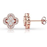 Hoops & Loops 925 Sterling Silver Four Leaf Clover Stud Earrings for Women - AAAA Cubic Zirconia Lucky Studs, 14K Gold, Rose Gold Flash Plated, Trendy Sparkling Minimalist Jewelry