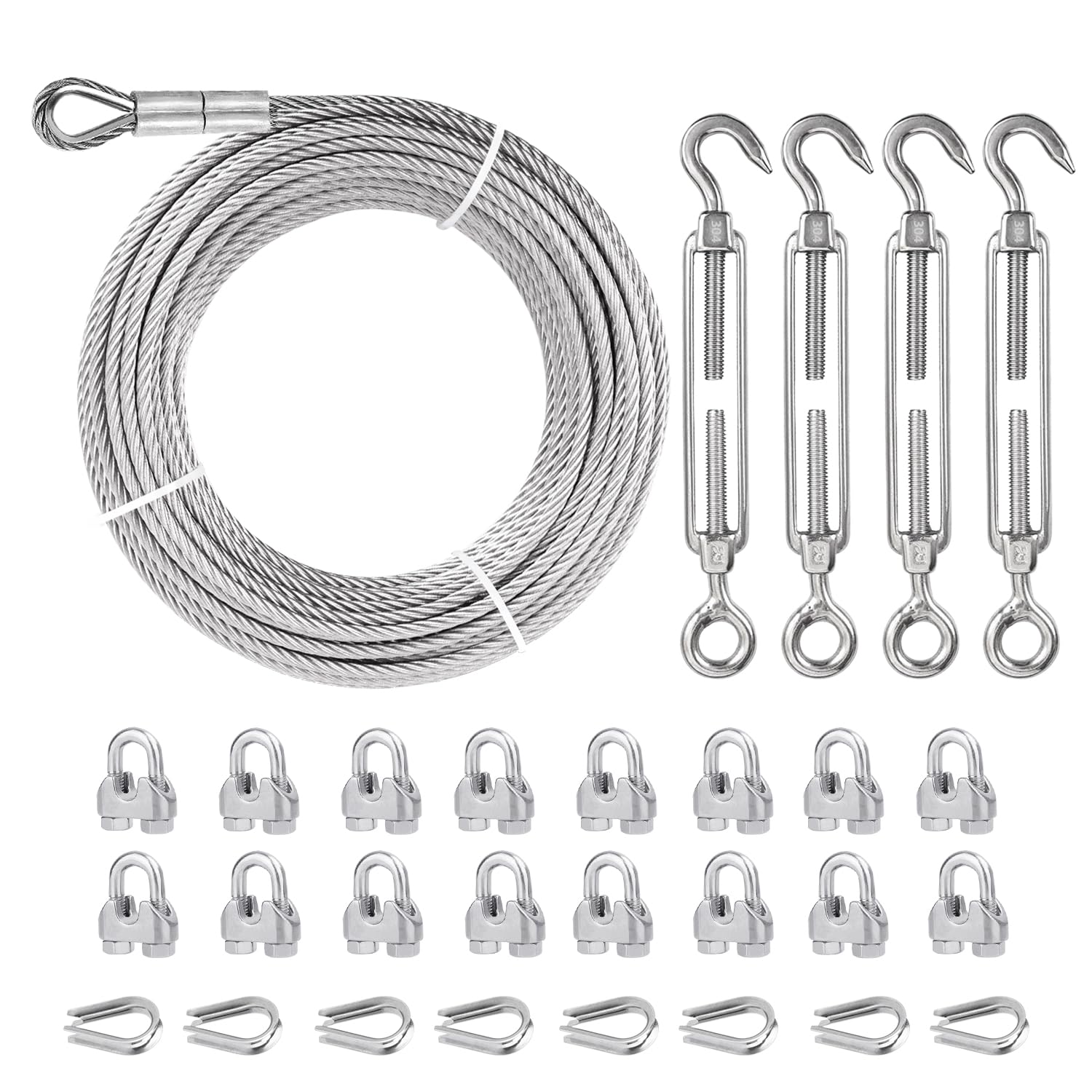 Photo 1 of 1/4 Stainless Steel Cable with 4Pcs Turnbuckles, Turnbuckles for Cables Wire, 50Ft Wire Rope Kits with Loops Contains CO Turnbuckles for Zip Line Cable, Boat Lift, 1600 lbs Working Load Limit