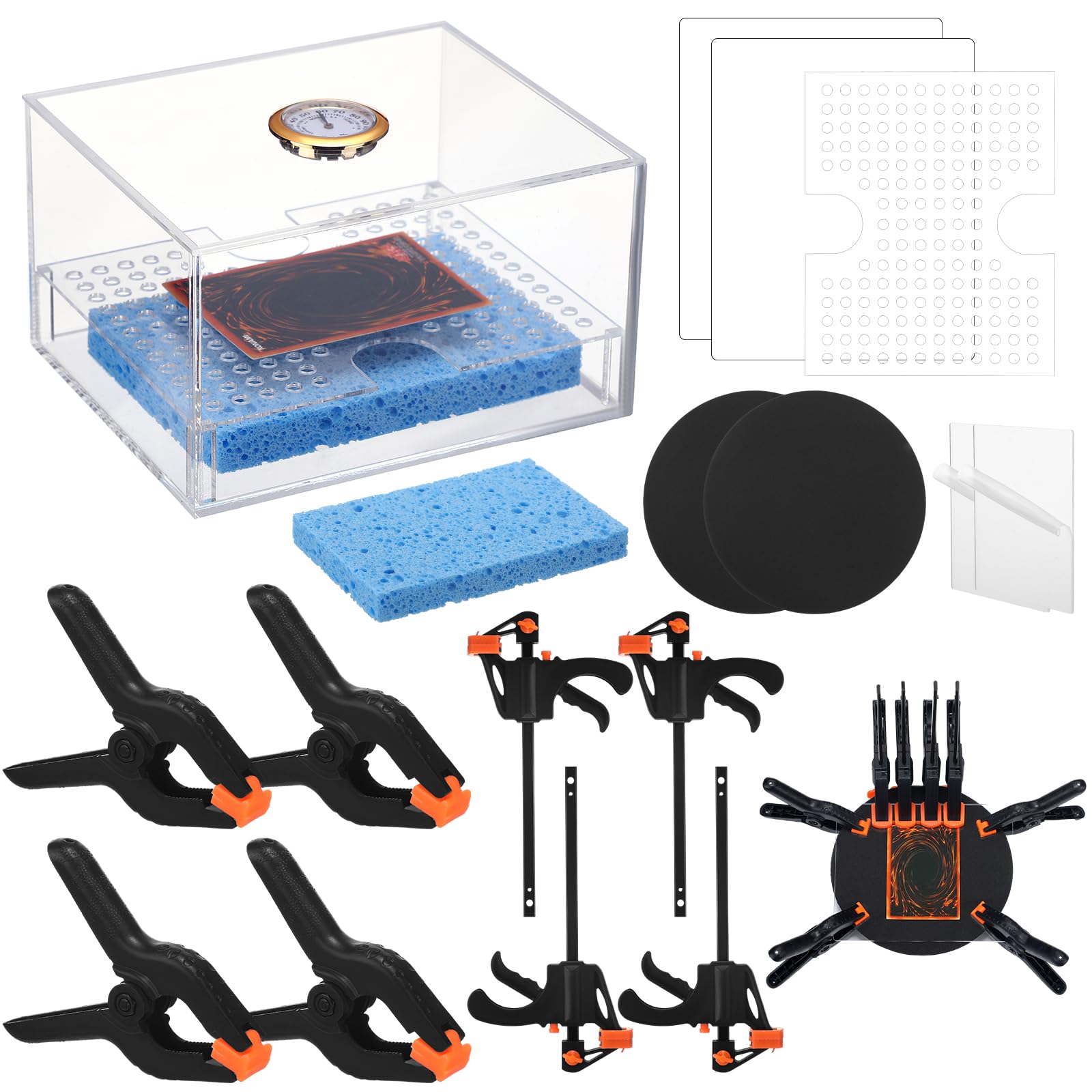Photo 1 of Didaey Card Flattening Kit Trading Card Flattening Tool Accessory Kit Included 1 Humidor, 2 Acrylic Plates, 4 Vices, 4 Clamps, 2 Indent Mats for Fix Bent Cards Flatten Lifted Edges (Acrylic)
