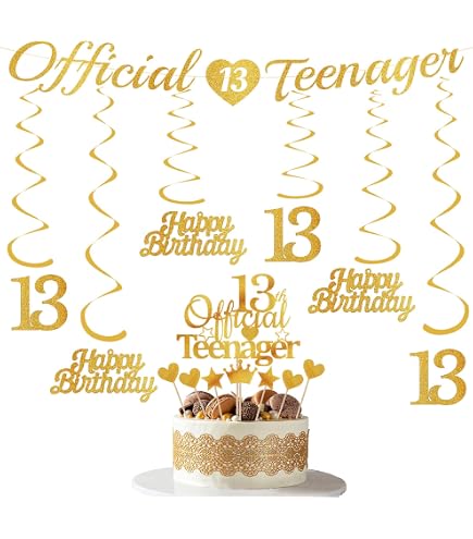 13 Years Loved Banner – Gold Glitzer Wimpelkette Für 13. Geburtstag, Vormontiert, 1,2 M Breit, 3 M Schnur