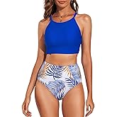 Herseas Women's Bikini Sets High Neck Tropical Leaf Print High Waisted Two Pieces Swimsuits Bathing Suits